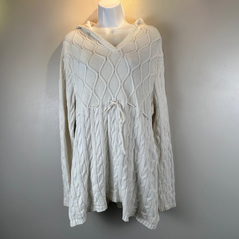 Ivory Cable Knit Hooded Sweater Mini Dress Empire Tie Waist Cream Off White XL